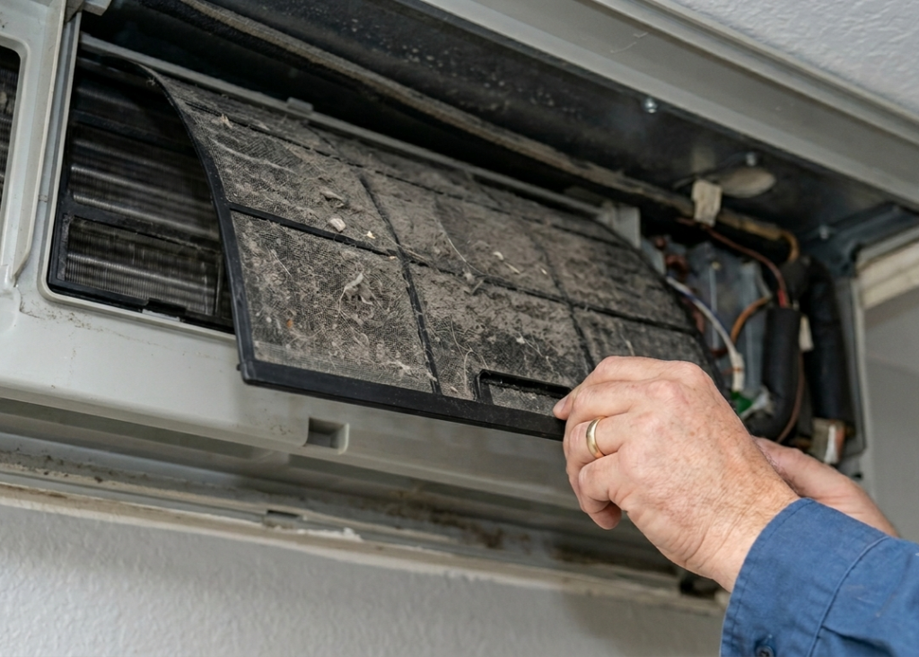 An aircon unit's filter being changed out
