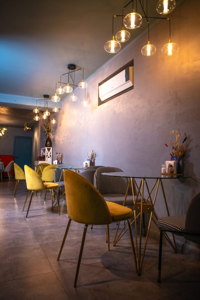 Modern restaurant with an aircon unit in the wall