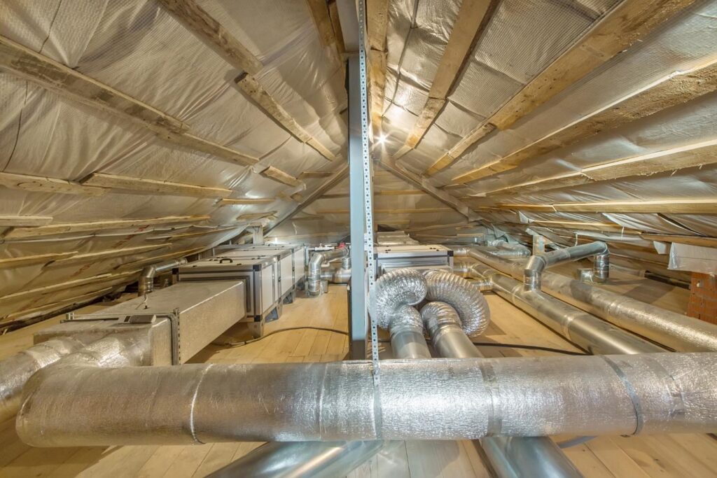 A recently installed ducted system inside a house's attic